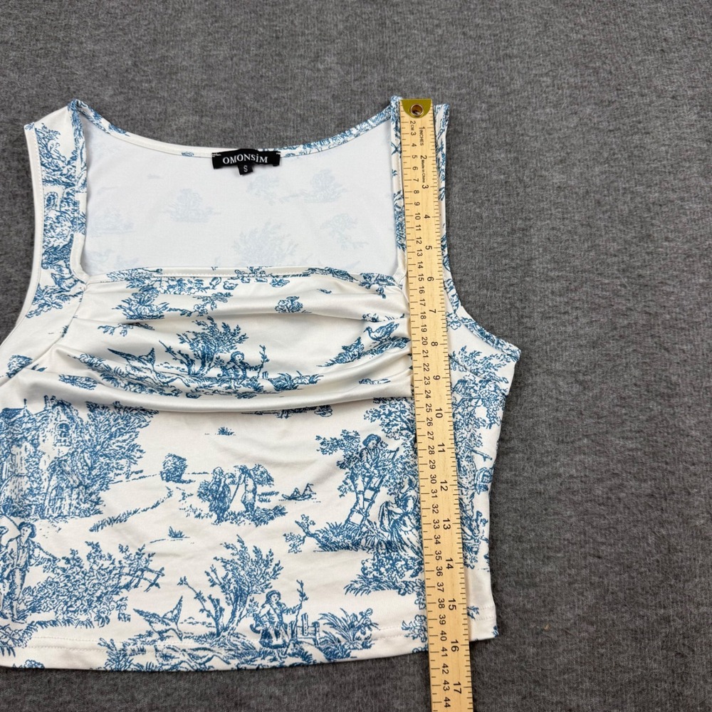 Omonsim‎ Tank Top Womens Small Blue White Toile De Jouy Ruched Crop Top - Picture 3 of 5
